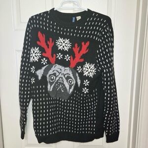 Black Sweater with Pug and Snowflakes